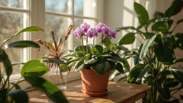 Indoor plant with pink flowers in a pot on a wooden surface near a window, sunlight streaming in, surrounded by green leaves.