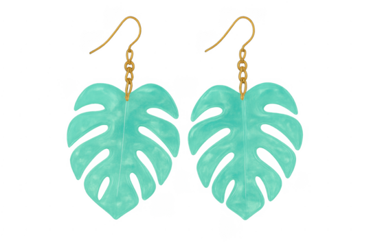 Teal monstera leaf earrings with golden hooks