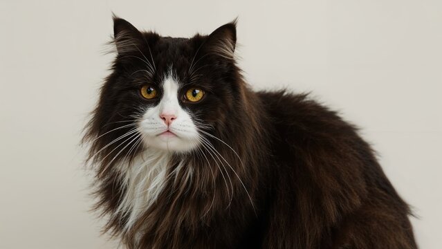 Black and white long-haired cat looking at the camera against a plain background.