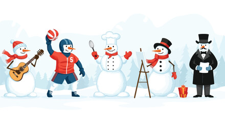 Joyful snowmen celebrate winter fun with music, sports, cooking, art, and formal elegance in a snowy wonderland
