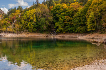 Lake San Domenico is an artificial lake in Abruzzo, in the municipality of Villalago (L'Aquila). Known for its emerald waters, it is located within the Sagittario Gorges.