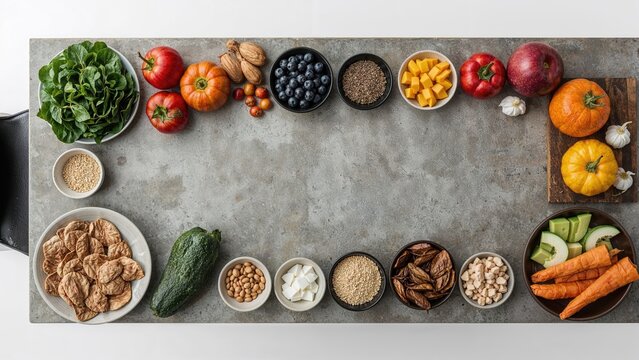 Assorted fresh fruits, vegetables, and grains arranged on a gray surface for healthy eating or food preparation.