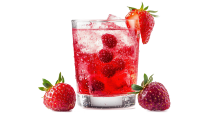 A glass of pink drink with a strawberry on top. The drink is a pink raspberry juice. The glass is half full