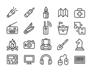 Camping adventure survival outline icon pack