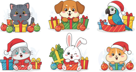 Adorable cartoon pets including cats, dog, parrot, bunny, and hamster celebrating Christmas with festive gifts and ornaments