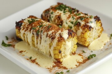 Delicious mexican street corn elote with creamy toppings and spices