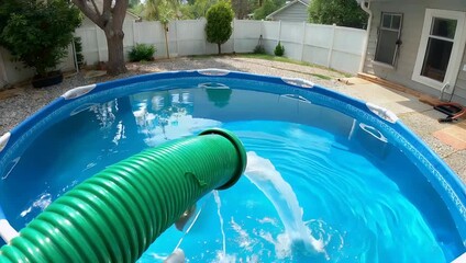 A crisp 4K close up displays a steady stream of water pouring from a green garden hose into a sparkling blue backyard pool illustrating routine maintenance and the refreshing clarity of well kept - Powered by Adobe
