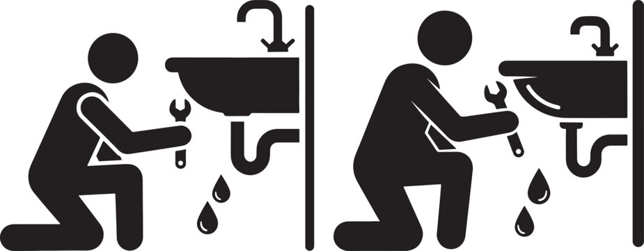 Two plumbers fixing leaky sinks in silhouette - Powered by Adobe