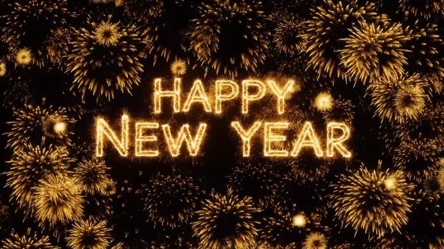 Happy new year text made of glowing fireworks on a night sky, 4k video