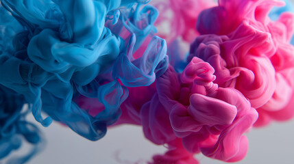 Macro photography of colorful ink diffusing in clear water, cyan and magenta colors, soft light, smooth flow motion.