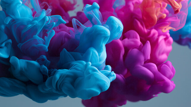 Macro photography of colorful ink diffusing in clear water, cyan and magenta colors, soft light, smooth flow motion.