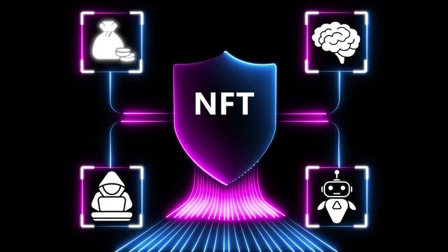glowing neon N F T cloud network connecting business handshake communication growth technology hacker and team icons digital concept neon glow on black background. 4k video animation