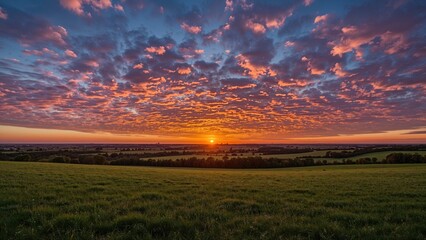 Vibrant sunset over a lush green field with colorful clouds in the sky. Nature and landscape scene. Beautiful evening sky and horizon.