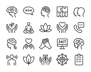 Fototapeta premium Mental health and wellness line icons for therapy mindfulness and care