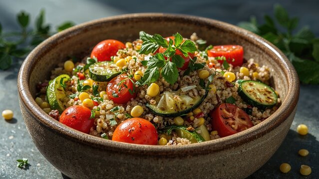 Colorful vegetable quinoa salad in a bowl with cherry tomatoes, cucumbers, and fresh herbs, healthy vegetable dish.