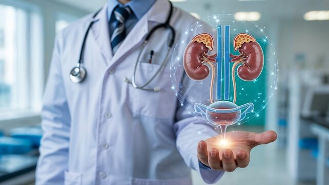 Doctor Holding Glowing 3D Kidney and Urinary System Model Representing Urology, Renal Health, and Advanced Medical Treatment