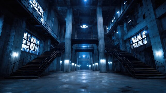 Large, empty building with a staircase leading to the top