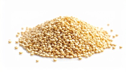 Small pile of uncooked beige quinoa grains on white background.