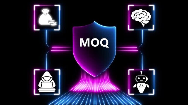 Glowing neon network connecting MOQ business icons handshake phone graph analytics brain gears team people hacker on laptop digital transformation technology concept .4k video animation