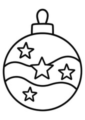 Obraz premium Black and white linear drawing of a Christmas ball decorated with stars and circles. The elegant decor with wavy lines creates a minimalist and stylish look.
