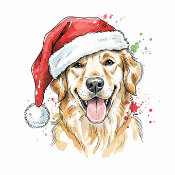 Watercolor golden retriever wearing santa hat