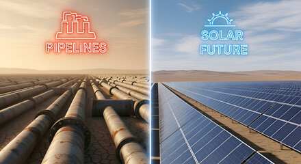 Juxtaposing industrial pipelines with vast solar panel fields visually representing the transition from fossil fuels to renewable energy solutions for a sustainable future.