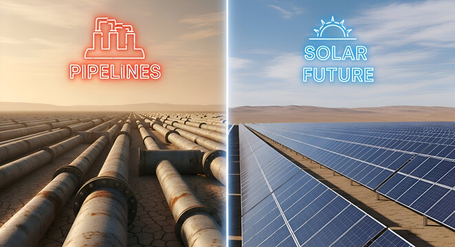 Juxtaposing industrial pipelines with vast solar panel fields visually representing the transition from fossil fuels to renewable energy solutions for a sustainable future.
