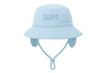 Light blue children's bucket hat with surf text