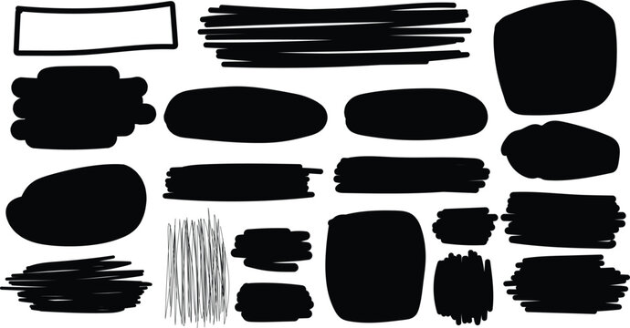Collection of hand drawn black ink brush strokes and abstract shapes on white background