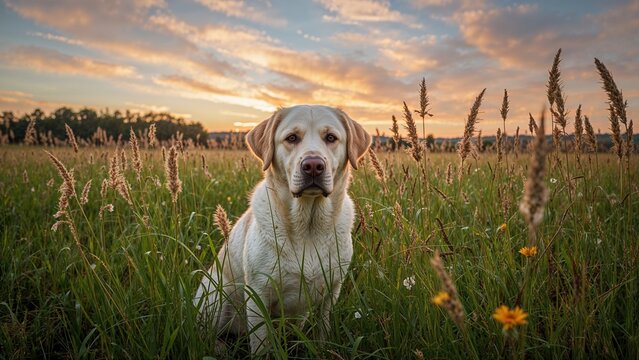 A dog sitting in a grassy field during sunset with tall grass and flowers.