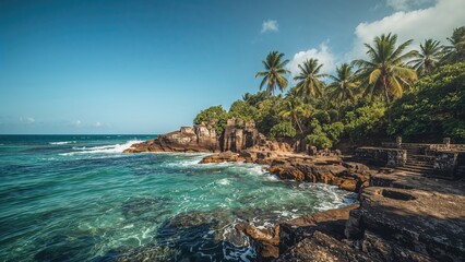 Tropical coastal landscape with rocky shoreline, lush palm trees, and clear blue water under a partly cloudy sky.