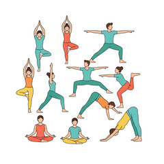 Diverse group of people practicing various yoga poses in a vibrant and energetic illustration