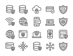 Cyber security data protection privacy and online safety line icon set