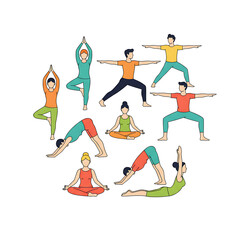 Diverse group of people practicing various yoga poses in a circular arrangement on a white background