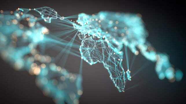 Glowing abstract world map with interconnected nodes pattern background
