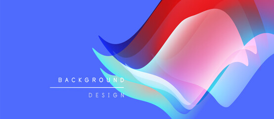 Abstract waves, vibrant colors, dynamic composition. Blue backdrop highlights red, pink, cyan curves. Modern design element.