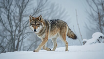 Naklejka premium A wolf walking through a snowy landscape in a winter forest.