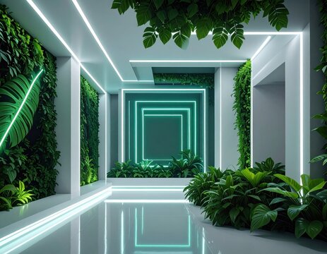 Futuristic hallway with glowing neon lights and lush green plants - Powered by Adobe