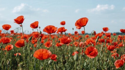 Red poppies in a field under a blue sky with clouds.