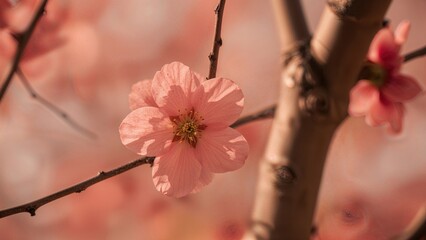 Pink cherry blossom flower on tree branch in springtime. Nature, flowers, blooming.