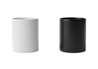 Two cylindrical mugs one white and one black isolated on transparent background