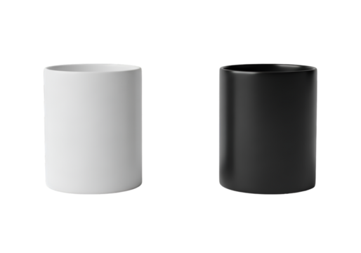 Two cylindrical mugs one white and one black isolated on transparent background