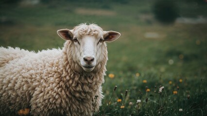 Fototapeta premium A young sheep or lamb in a grassy field.