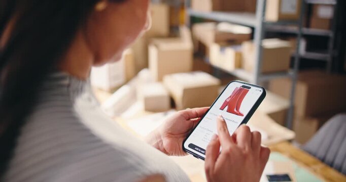 Hands, woman and phone screen with fashion ecommerce for shoes choice, purchase and clearance sale. Person, mobile and catalog for online shopping, clothes decision and payment for order in warehouse