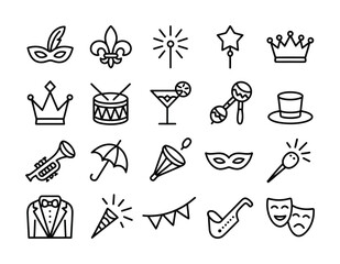 Carnival festival celebration and party event line icon set