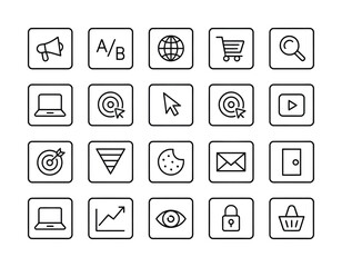 Digital marketing online advertising and analytics line icon set
