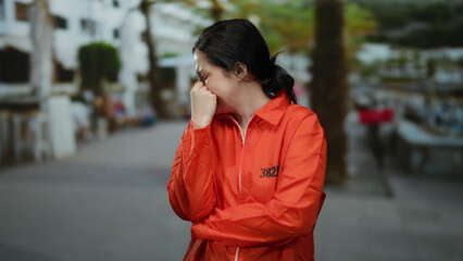Woman in orange prison jumpsuit stands on an outdoor street looking distressed, with urban scenery blurred behind her, capturing a moment of emotion and vulnerability.