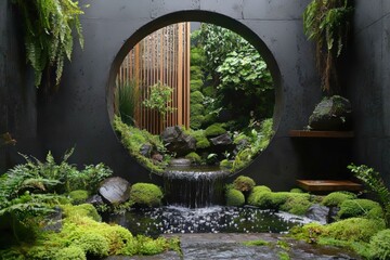 Serene Zen Garden with Circular Window and Waterfall