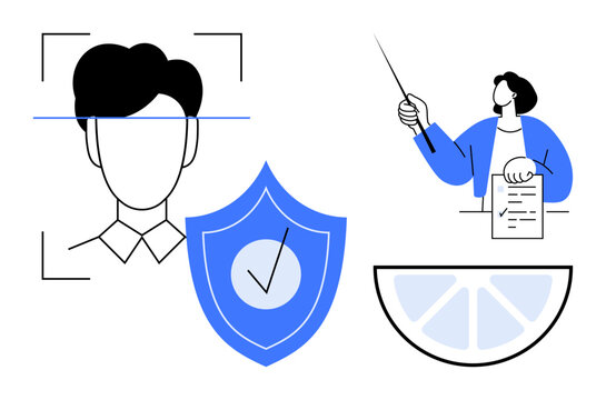 Face recognition scan overlay, shield with checkmark, individual presenting data on paper, and segmented object. Ideal for security, technology, data analytics, identity, education privacy