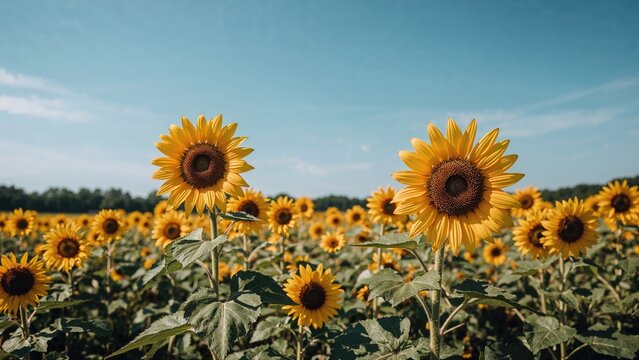 A field of sunflowers in full bloom under a blue sky with scattered clouds.